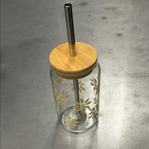 Floral Glass Tumbler with Bamboo Lid and Straw